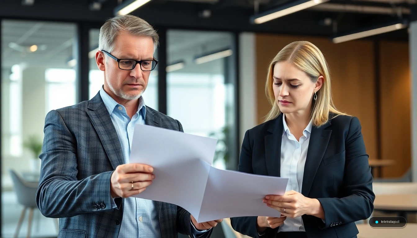Empleado y representante de RRHH revisando un contrato por una posible reducción salarial