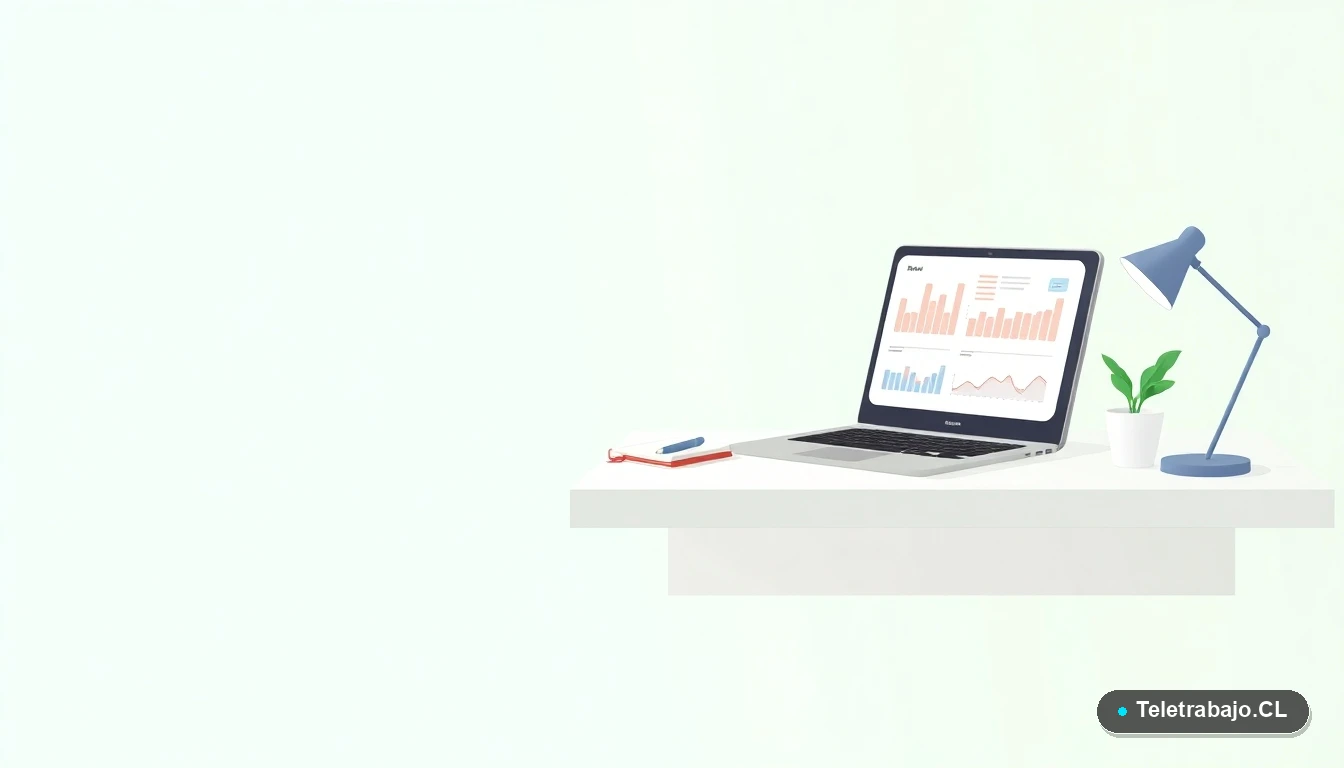 Escritorio moderno vacío con laptop y planta, en estilo de ilustración vectorial plana, sobre fondo degradado verde menta. Concepto de trabajo y cálculo legal.