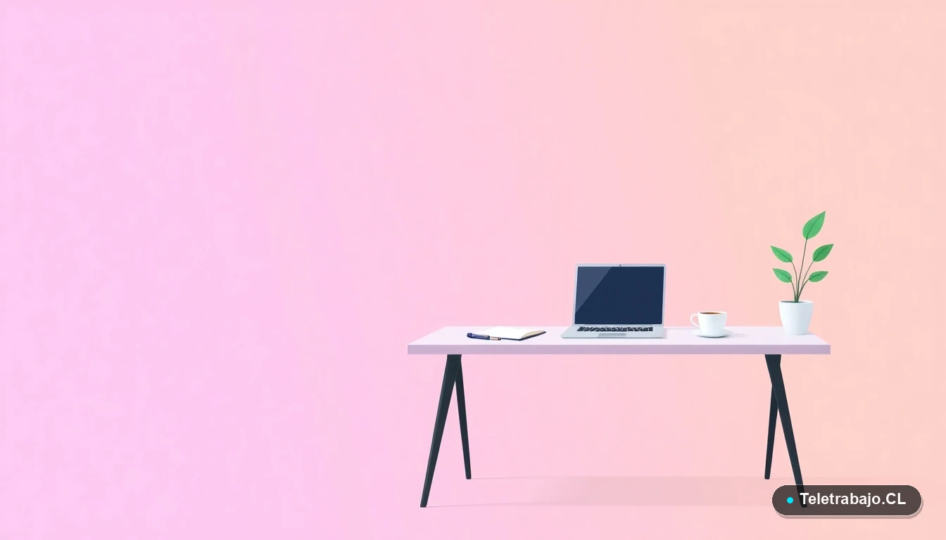 Ilustración vectorial plana de un escritorio moderno vacío con laptop, café y planta, sobre fondo degradado lavanda y durazno. Espacio negativo a la izquierda.