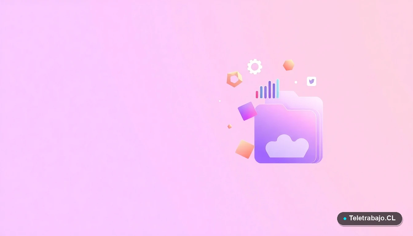 Composición abstracta de interfaz de usuario con gráficos y iconos flotantes, sobre fondo degradado lila, concepto de tecnología y regulación laboral digital.