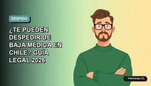 Ilustración vectorial plana de un trabajador hombre con suéter verde y lentes, preocupado, sobre fondo degradado azul verdoso. Concepto de despido injustificado y licencia médica en Chile.