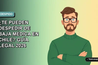 Ilustración vectorial plana de un trabajador hombre con suéter verde y lentes, preocupado, sobre fondo degradado azul verdoso. Concepto de despido injustificado y licencia médica en Chile.