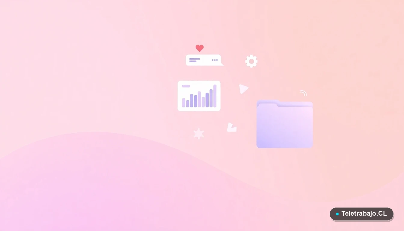 Composición abstracta de interfaz de usuario con gráficos flotantes y un engranaje, sobre fondo degradado lavanda y durazno. Representa conceptos legales y procesos laborales en Chile.