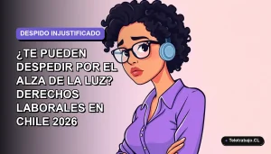 Ilustración vectorial plana de una trabajadora remota con expresión de preocupación, fondo degradado lavanda suave, concepto de derechos laborales en Chile.
