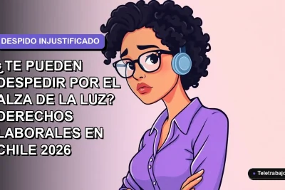 Ilustración vectorial plana de una trabajadora remota con expresión de preocupación, fondo degradado lavanda suave, concepto de derechos laborales en Chile.