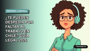 Ilustración vectorial plana estilo Corporate Memphis de una trabajadora de oficina con expresión preocupada, sobre fondo degradado azul verdoso. Concepto legal laboral sobre despido por faltas en Chile.