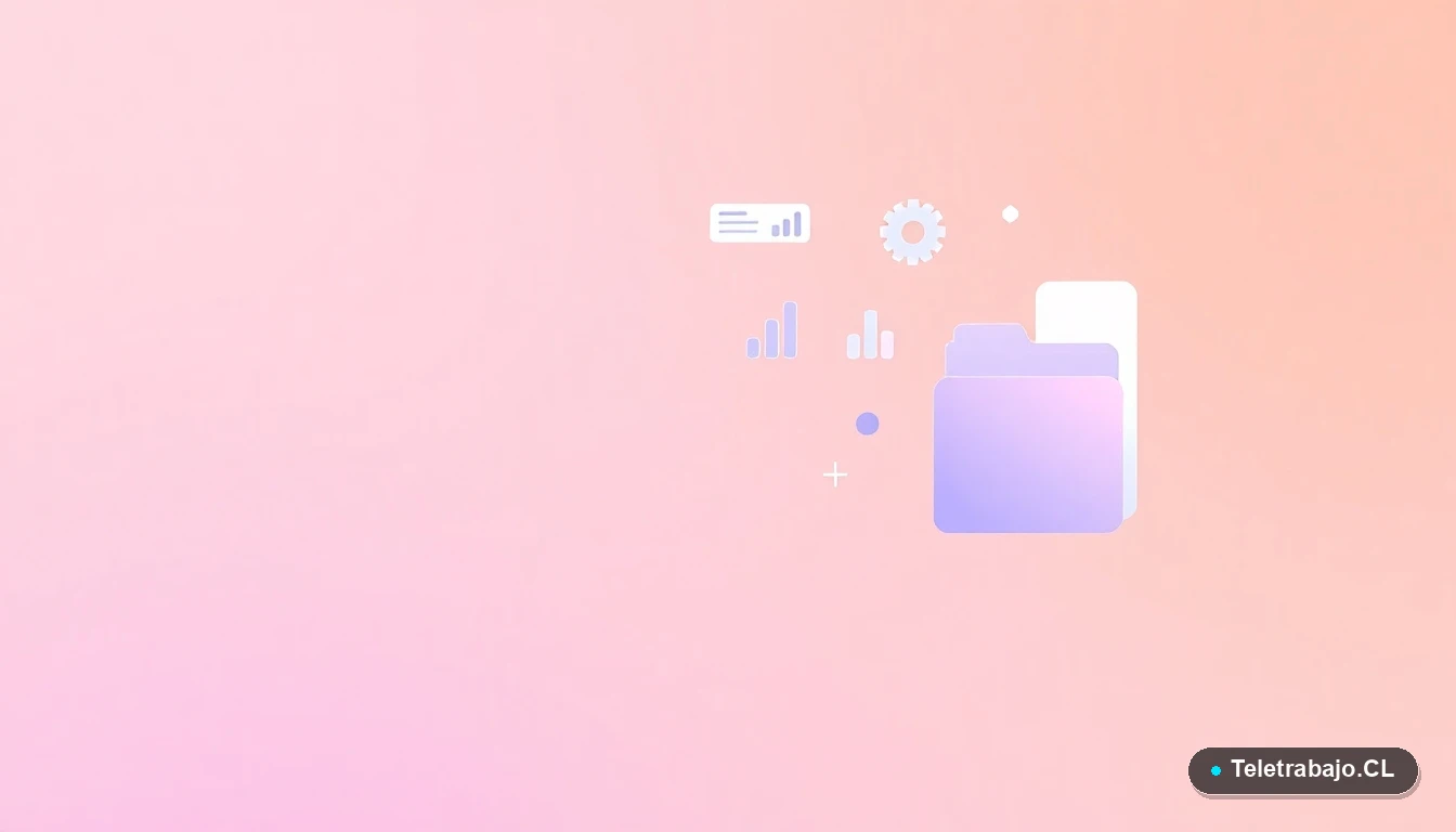 Composición abstracta de interfaz de usuario tecnológica con gráficos y iconos flotantes, sobre fondo degradado melocotón y lila. Representación visual de conceptos legales y procesos.