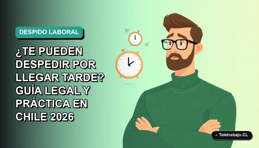 Ilustración vectorial plana de un trabajador masculino con suéter verde mirando un reloj, sobre fondo degradado azul verdoso. Concepto de puntualidad laboral en Chile.