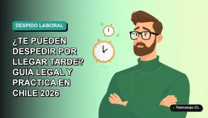 Ilustración vectorial plana de un trabajador masculino con suéter verde mirando un reloj, sobre fondo degradado azul verdoso. Concepto de puntualidad laboral en Chile.