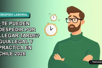 Ilustración vectorial plana de un trabajador masculino con suéter verde mirando un reloj, sobre fondo degradado azul verdoso. Concepto de puntualidad laboral en Chile.