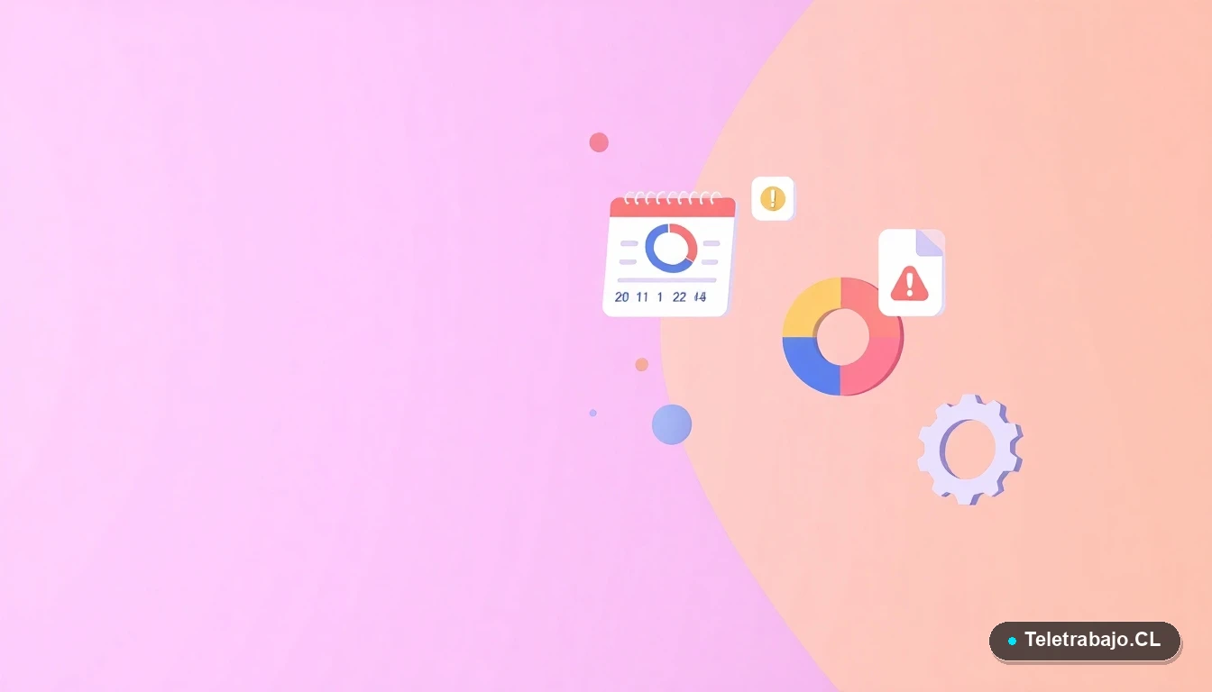 Elementos de interfaz de usuario abstractos: gráfico circular, calendario, documento y engranaje, sobre fondo degradado lila y melocotón. Representación visual de políticas y procedimientos laborales.