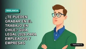 Ilustración vectorial plana de un trabajador masculino de oficina con camisa azul y suéter verde, mirando pensativo. Fondo con degradado suave de color verde azulado. Concepto legal sobre privacidad laboral en Chile.