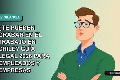 Ilustración vectorial plana de un trabajador masculino de oficina con camisa azul y suéter verde, mirando pensativo. Fondo con degradado suave de color verde azulado. Concepto legal sobre privacidad laboral en Chile.