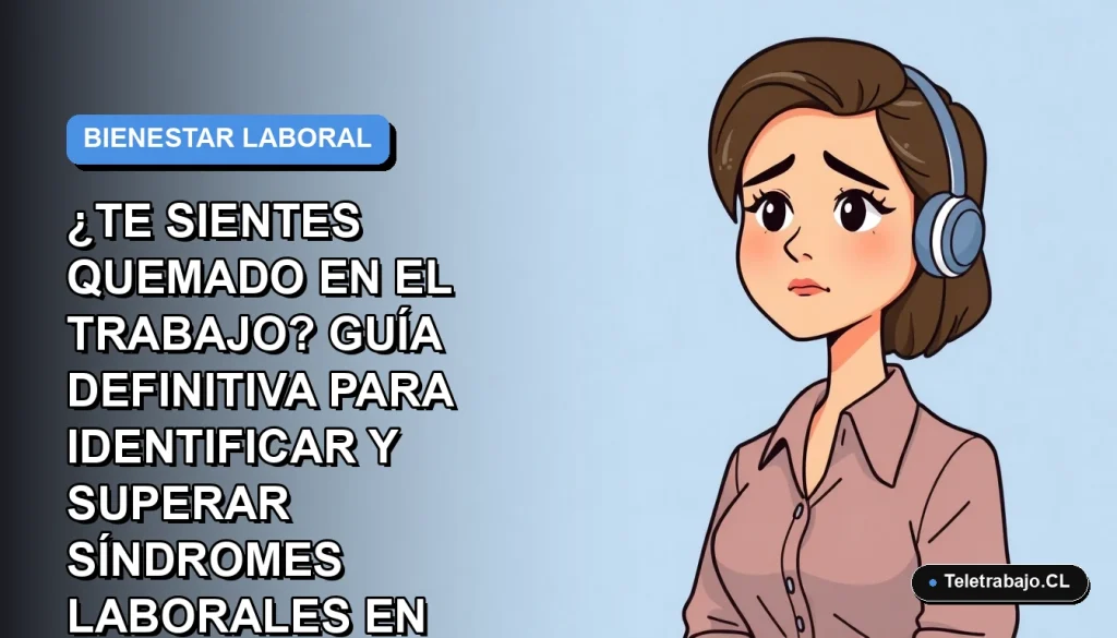 Ilustración plana corporativa de una trabajadora remota con expresión de cansancio, sobre fondo degradado azul y gris, representando el agotamiento laboral.