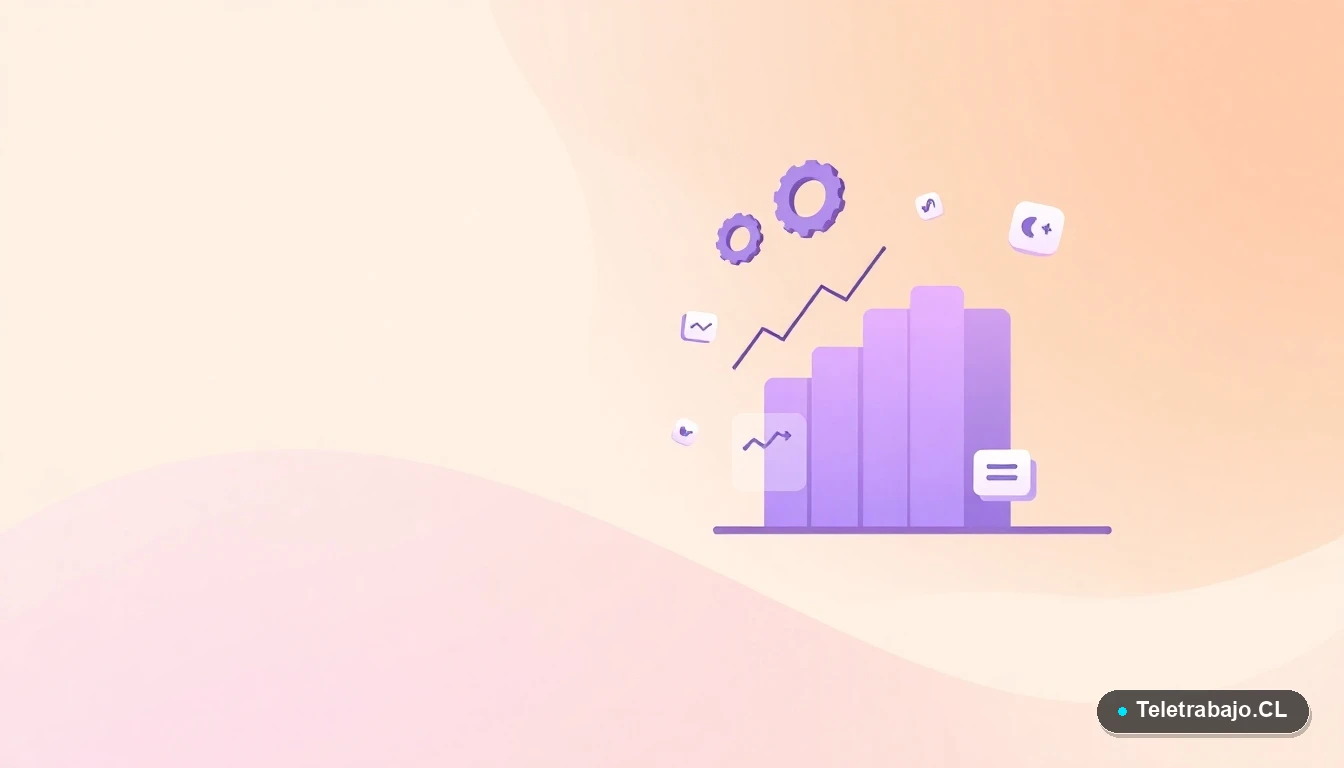 Ilustración abstracta de interfaz de usuario con gráficos y engranajes flotantes, representando datos y procesos laborales, sobre fondo degradado melocotón y crema.