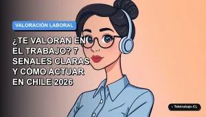 Ilustración vectorial plana de una trabajadora remota con blusa azul y pelo recogido, mirando pensativa a la derecha, sobre fondo degradado azul y blanco. Espacio negativo a la izquierda.