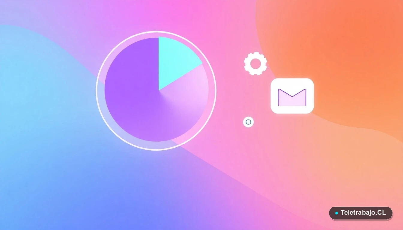 Ilustración abstracta de interfaz de usuario tecnológica con gráficos flotantes, un engranaje y carpetas, sobre fondo degradado melocotón y crema. Concepto de datos y productividad.