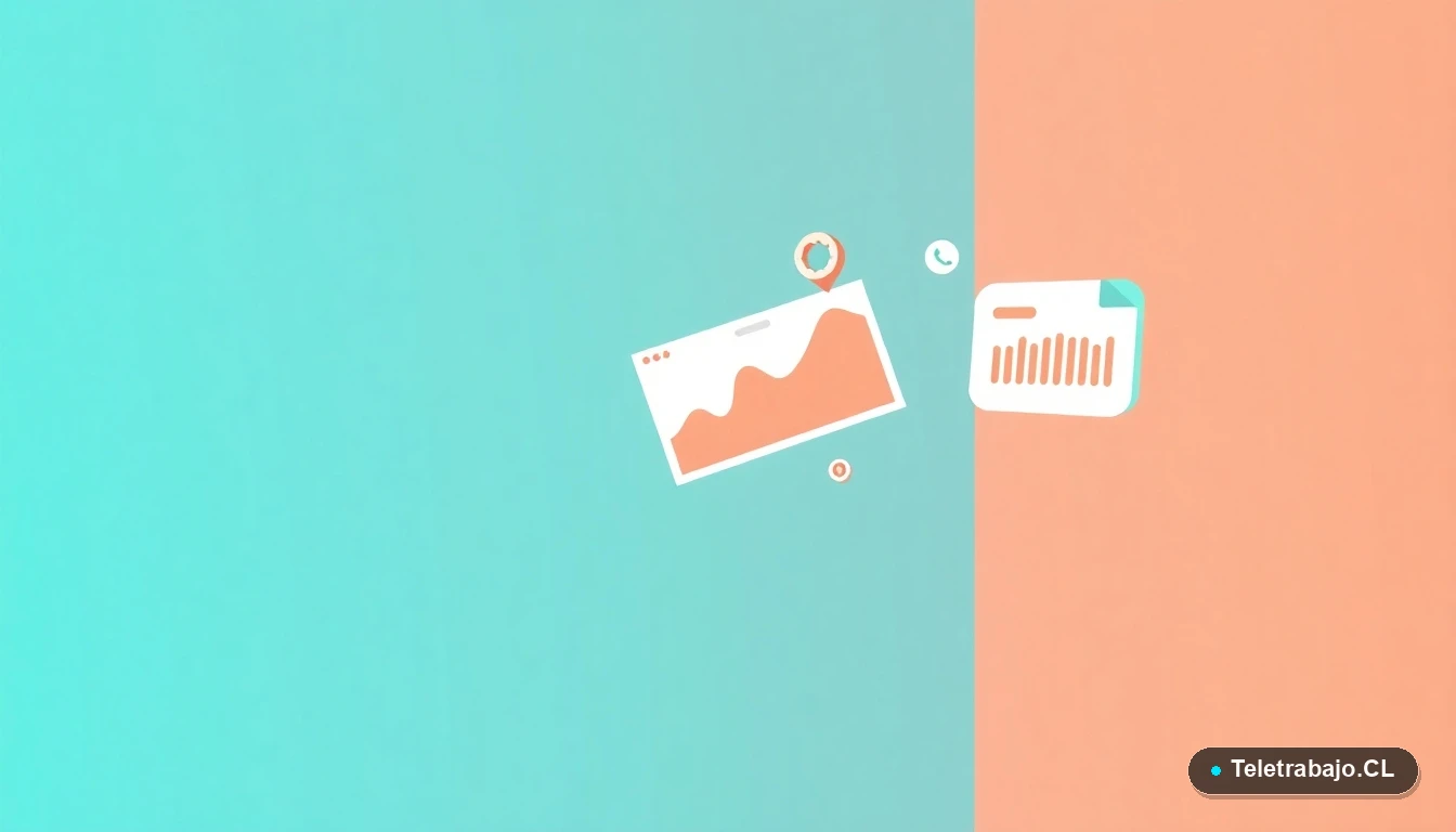 Elementos de interfaz de usuario abstractos y minimalistas: gráficos flotantes, un engranaje y una carpeta, sobre fondo degradado azul verdoso. Concepto de datos y transición profesional.