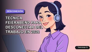 Ilustración plana vectorial de una mujer profesional de teletrabajo sonriendo, aplicando la técnica Feierabend para desconectar del trabajo, sobre fondo degradado lavanda suave.