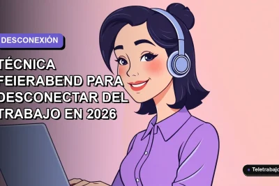 Ilustración plana vectorial de una mujer profesional de teletrabajo sonriendo, aplicando la técnica Feierabend para desconectar del trabajo, sobre fondo degradado lavanda suave.