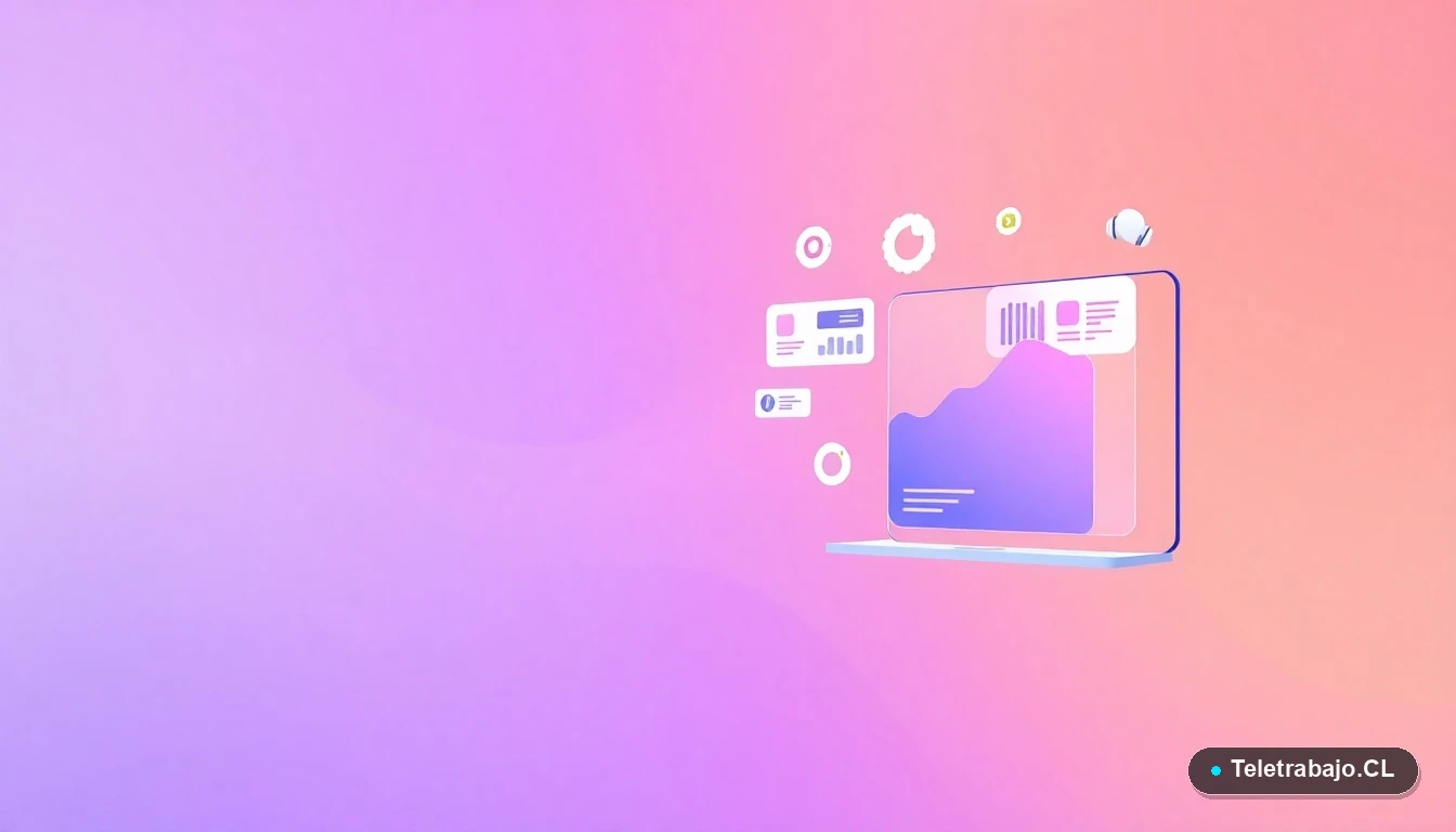 Interfaz de usuario abstracta con gráficos y elementos digitales flotantes, representando productividad y tecnología, fondo degradado lila y durazno.