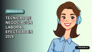 Ilustración plana corporativa de una mujer profesional de teletrabajo sonriente, con fondo degradado suave azul verdoso, sobre técnicas de negociación laboral efectivas.
