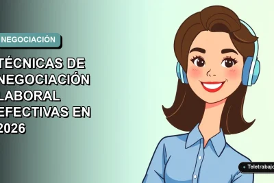 Ilustración plana corporativa de una mujer profesional de teletrabajo sonriente, con fondo degradado suave azul verdoso, sobre técnicas de negociación laboral efectivas.