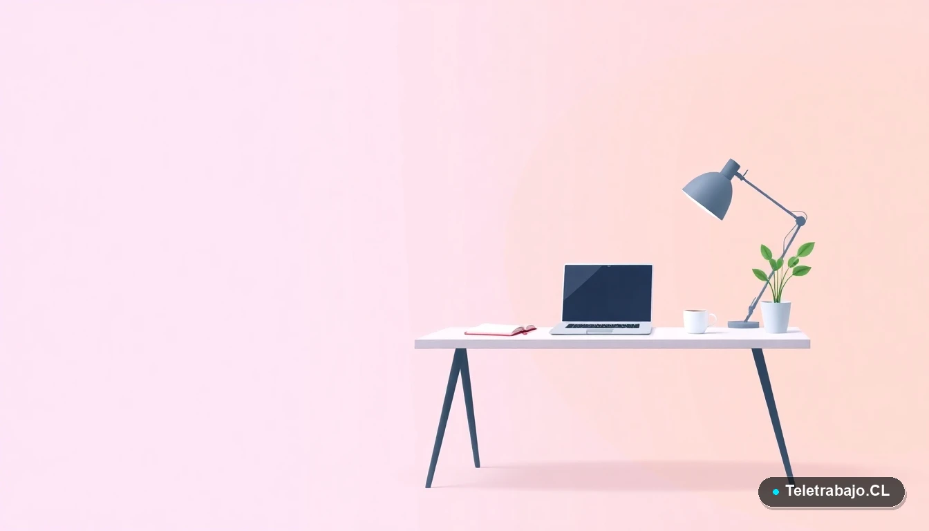 Escritorio moderno minimalista para teletrabajo con laptop, café y planta, en fondo degradado lila y durazno, concepto de espacio de trabajo productivo.