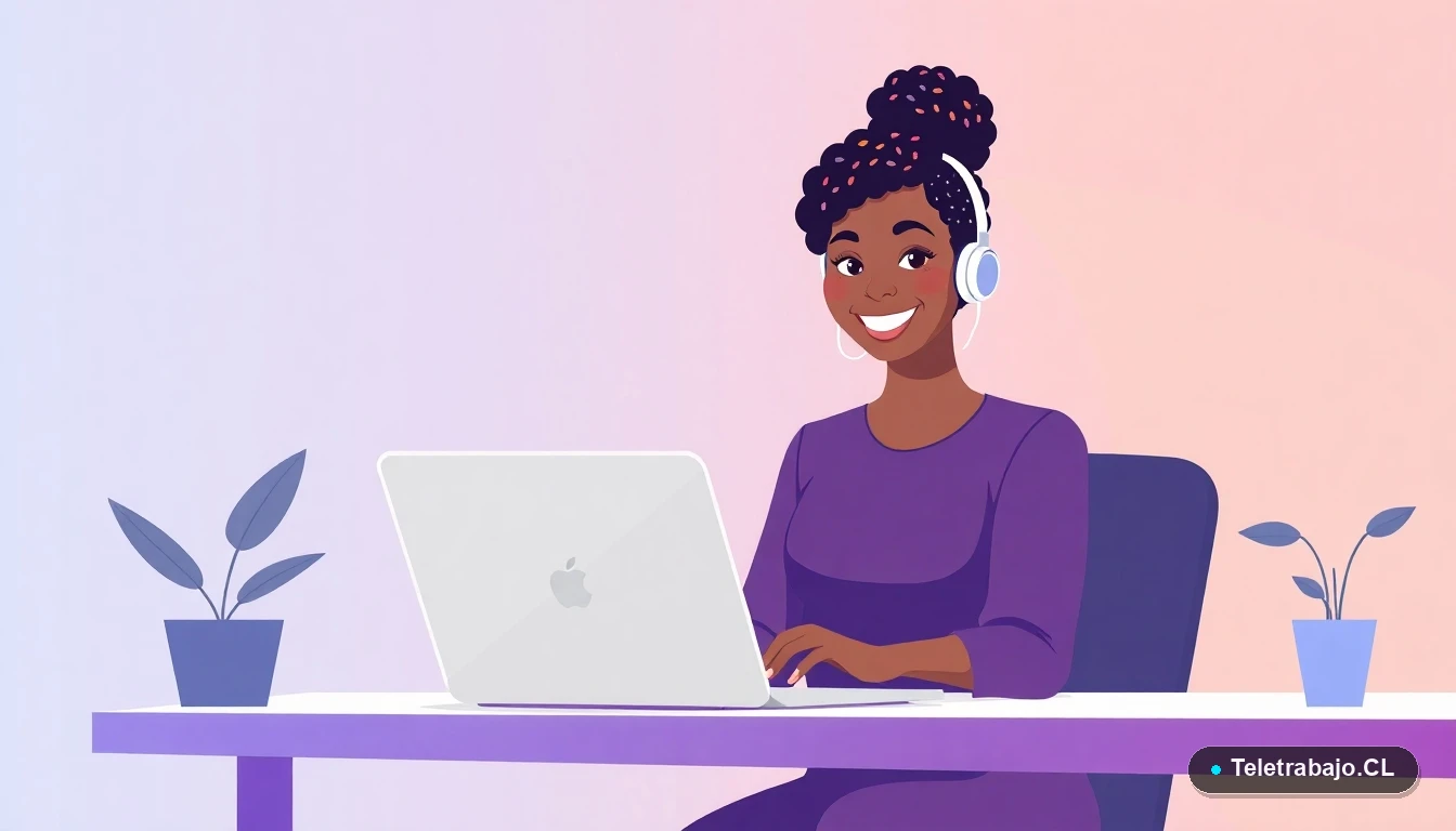 Mujer profesional chilena trabajando desde casa en modalidad de teletrabajo 2026, ilustración plana moderna.