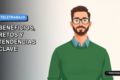 Ilustración vectorial plana de un trabajador remoto masculino con suéter verde, sobre un fondo degradado azul y blanco, representando el teletrabajo moderno.