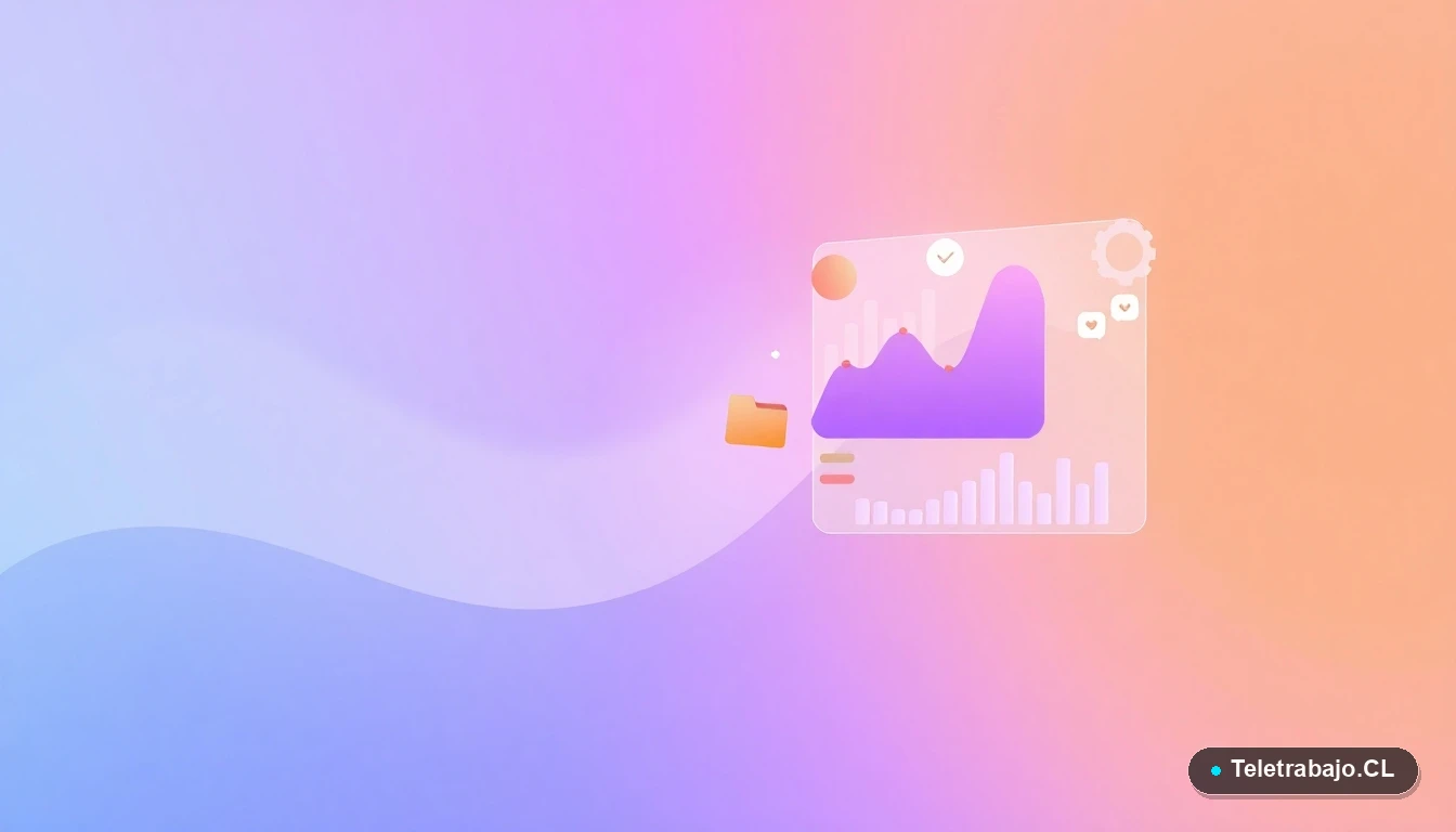 Elementos abstractos de interfaz de usuario flotantes, como gráficos y engranajes en tonos lavanda, sobre un fondo degradado de menta y verde azulado.