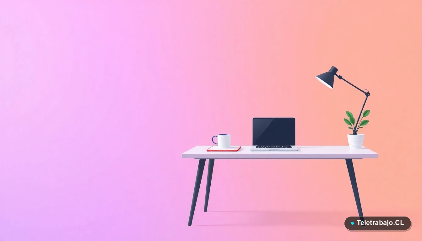 Escritorio moderno minimalista para teletrabajo con laptop, taza de café y planta, ilustración vectorial plana con fondo degradado lila, estilo corporativo.