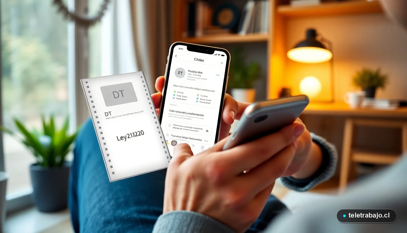 Profesional chileno realizando teletrabajo eficiente con su celular en 2026, mostrando aplicaciones de productividad y aspectos legales.