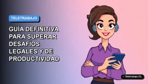 Ilustración plana corporativa de mujer profesional trabajando remotamente con celular, fondo degradado azul y lila, estilo startup tecnológica moderna.
