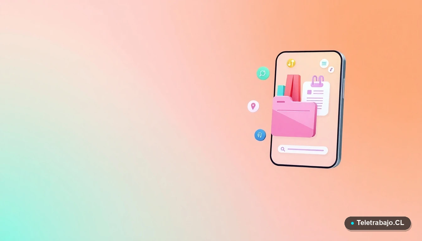 Elementos de interfaz de usuario abstractos y modernos, como gráficos y carpetas flotantes, sobre un fondo degradado suave de durazno y menta, representando productividad digital.