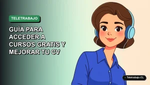 Ilustración plana corporativa de una mujer profesional de teletrabajo con fondo degradado verde, representando los cursos de inglés SENCE 2026 para mejorar el currículum.