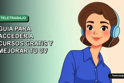 Ilustración plana corporativa de una mujer profesional de teletrabajo con fondo degradado verde, representando los cursos de inglés SENCE 2026 para mejorar el currículum.