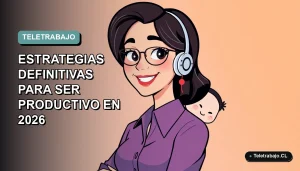 Ilustración vectorial plana de una mujer profesional chilena trabajando desde casa con su hijo pequeño, fondo con gradiente suave de color verde menta.