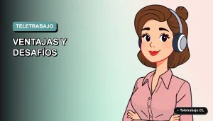 Ilustración plana de mujer profesional trabajando en teletrabajo, fondo degradado azul verdoso.