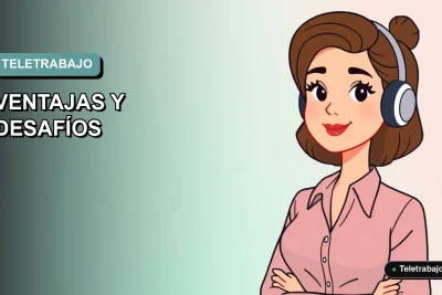Ilustración plana de mujer profesional trabajando en teletrabajo, fondo degradado azul verdoso.