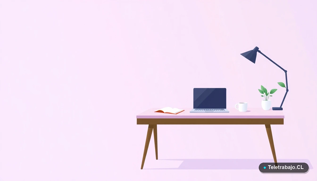 Escritorio moderno minimalista para teletrabajo con laptop y plantas, estilo ilustración vectorial plana.