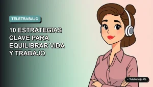 Ilustración plana corporativa de mujer profesional chilena trabajando remotamente en 2026, con fondo degradado suave teal y espacio negativo a la izquierda.