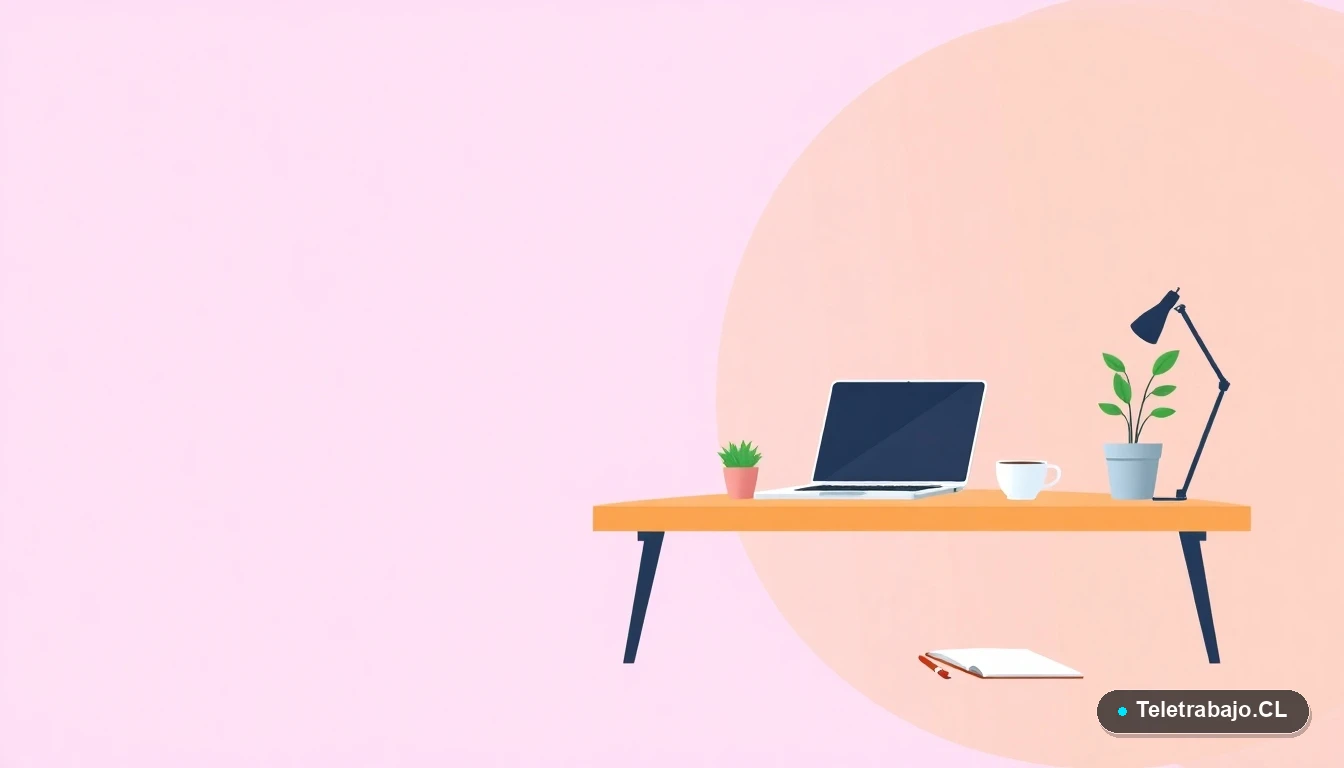 Escritorio moderno minimalista para teletrabajo, con laptop y elementos de oficina en estilo ilustración plana, sobre fondo degradado lavanda.