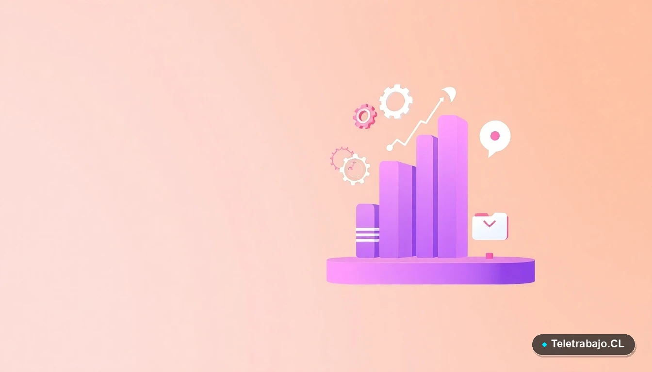 Composición abstracta de interfaz de usuario con gráficos, engranajes y carpetas flotantes, estilo ilustración plana corporativa, sobre fondo degradado melocotón.