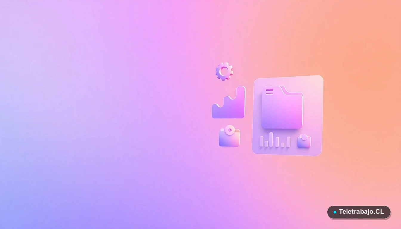 Elementos de interfaz de usuario abstractos y modernos, como gráficos y engranajes flotantes, representando estrategias de teletrabajo.