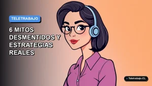Ilustración vectorial plana de una mujer profesional chilena trabajando remotamente en 2026, con fondo degradado azul y espacio negativo a la izquierda.