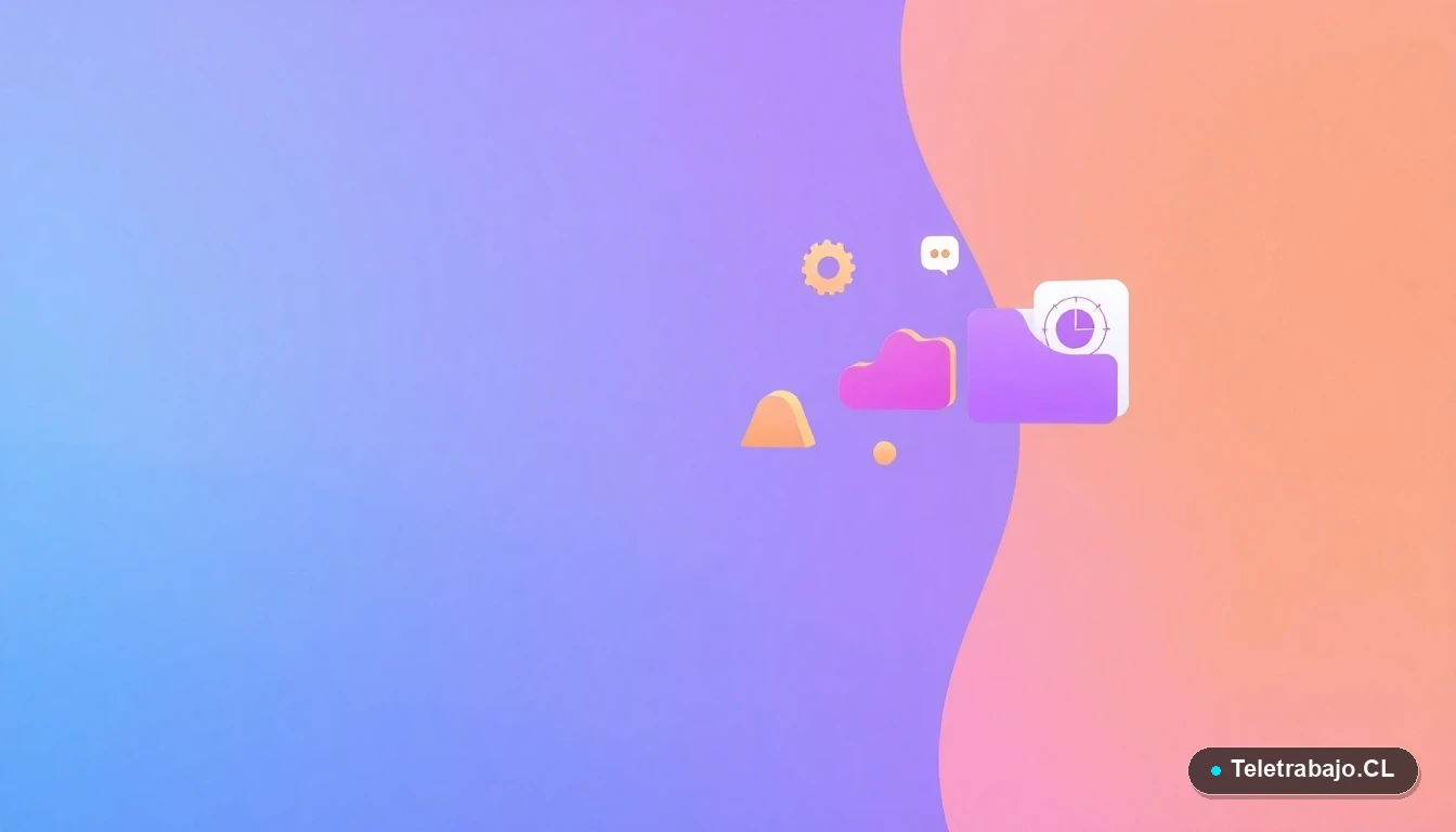 Elementos de interfaz de usuario abstractos y coloridos, como gráficos y engranajes flotantes, representando estrategias digitales de teletrabajo.