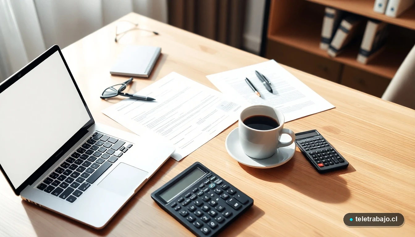 Home office moderno en Chile para teletrabajo con herramientas digitales y documentos legales