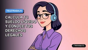 Ilustración vectorial plana de una mujer profesional trabajando desde casa, con un fondo de gradiente azul y naranja. Representa el teletrabajo en Chile.