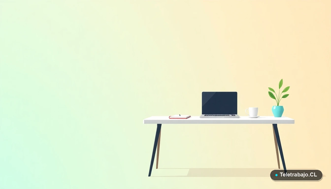 Escritorio moderno para teletrabajo con laptop, café y planta, ilustración vectorial minimalista sobre fondo gradiente de colores fríos.